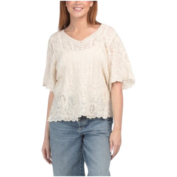 Democracy Tops - DEMOCRACY V-neck Crinkle Elbow Sleeve Top With Crochet Insets